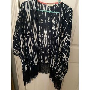 Navy and white fringe short sleeve kimono cardigan​